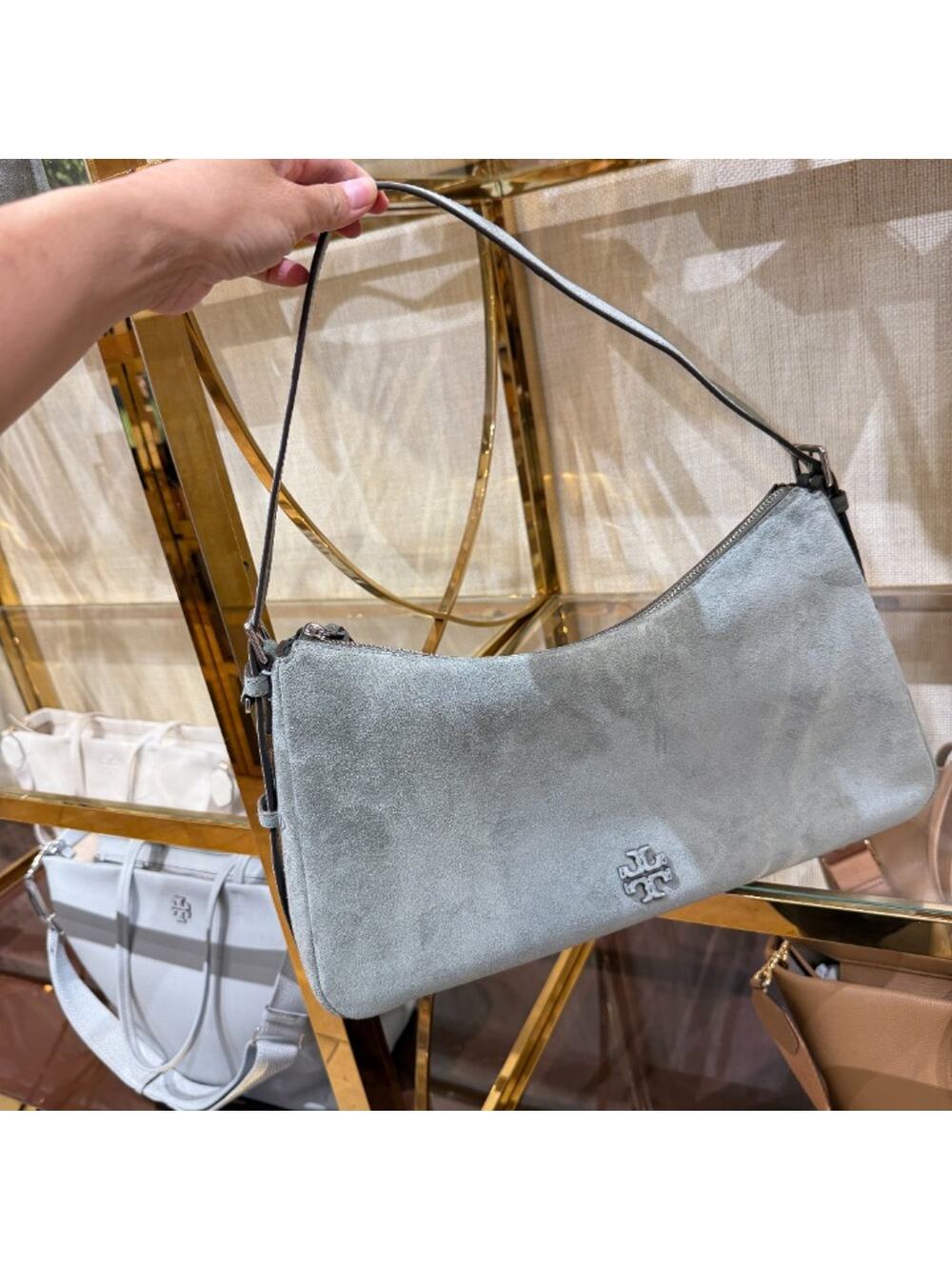 Tory Burch Thea Suede Zip Top Shoulder Bag 184943 Soft Foliage $650